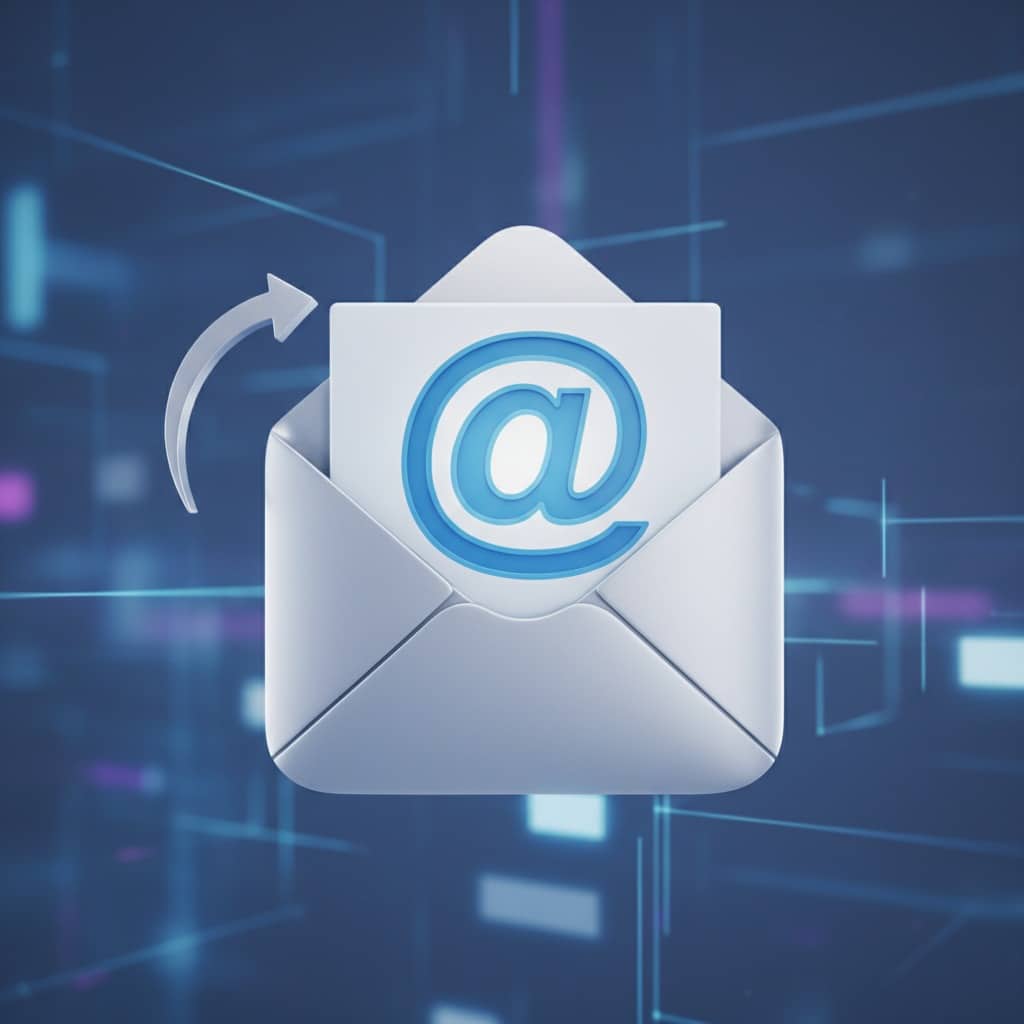 Otvorená biela obálka s listom obsahujúcim modrý symbol zavináča a so šípkou preposielania na modrom digitálnom pozadí.
